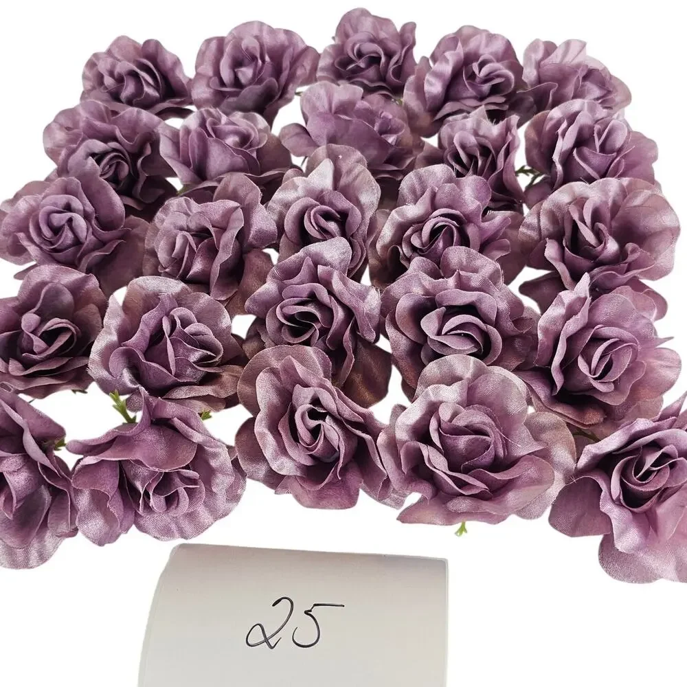 25 Plum Purple Satin Rose Heads Stemless Wedding Floral Craft DIY 2.5in